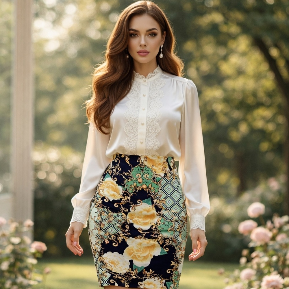 Vintage Floral Skirt Tailored Straight Pencil Geometric Yellow Navy Aqua Size 10